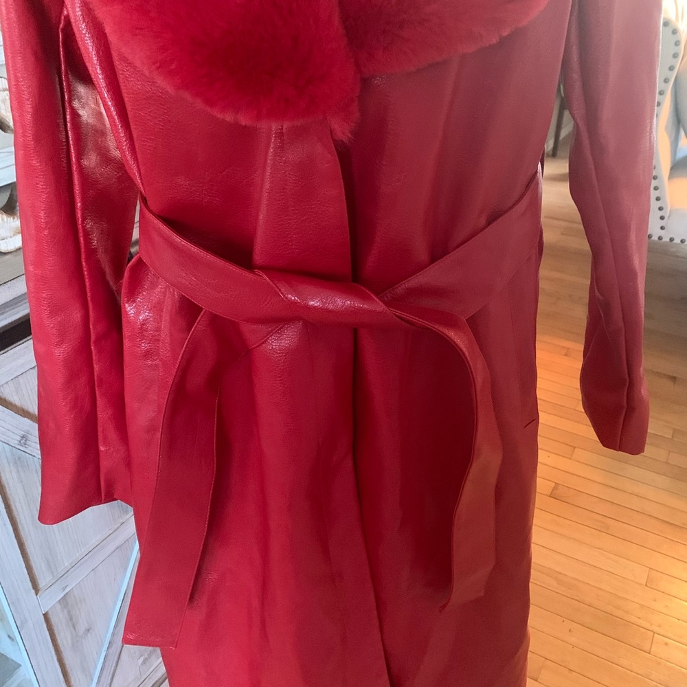 Fashion Nova Red Long Faux Fur Trim Coat - Picture 8 of 10